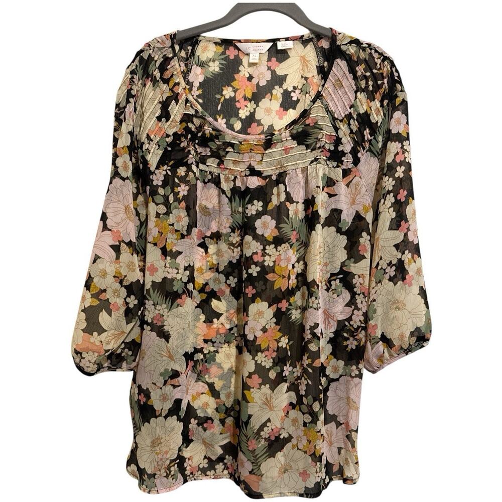 Lauren Conrad Women's Sheer Dark Floral Tunic Top Fairy Cottagecore Office XL